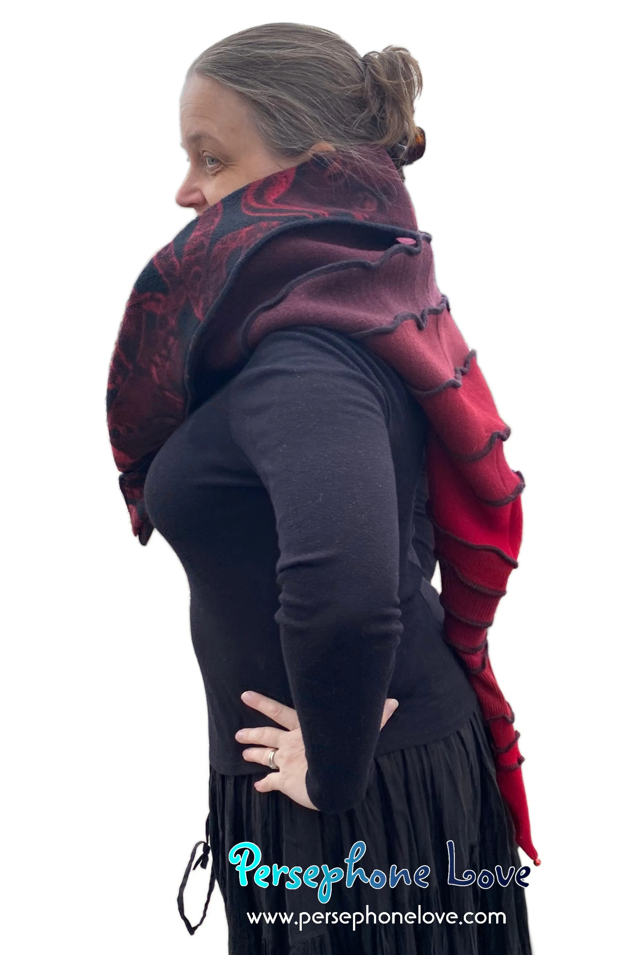 Katwise inspired red triple-felted 100% cashmere recycled sweater elf hat/hood-1664
