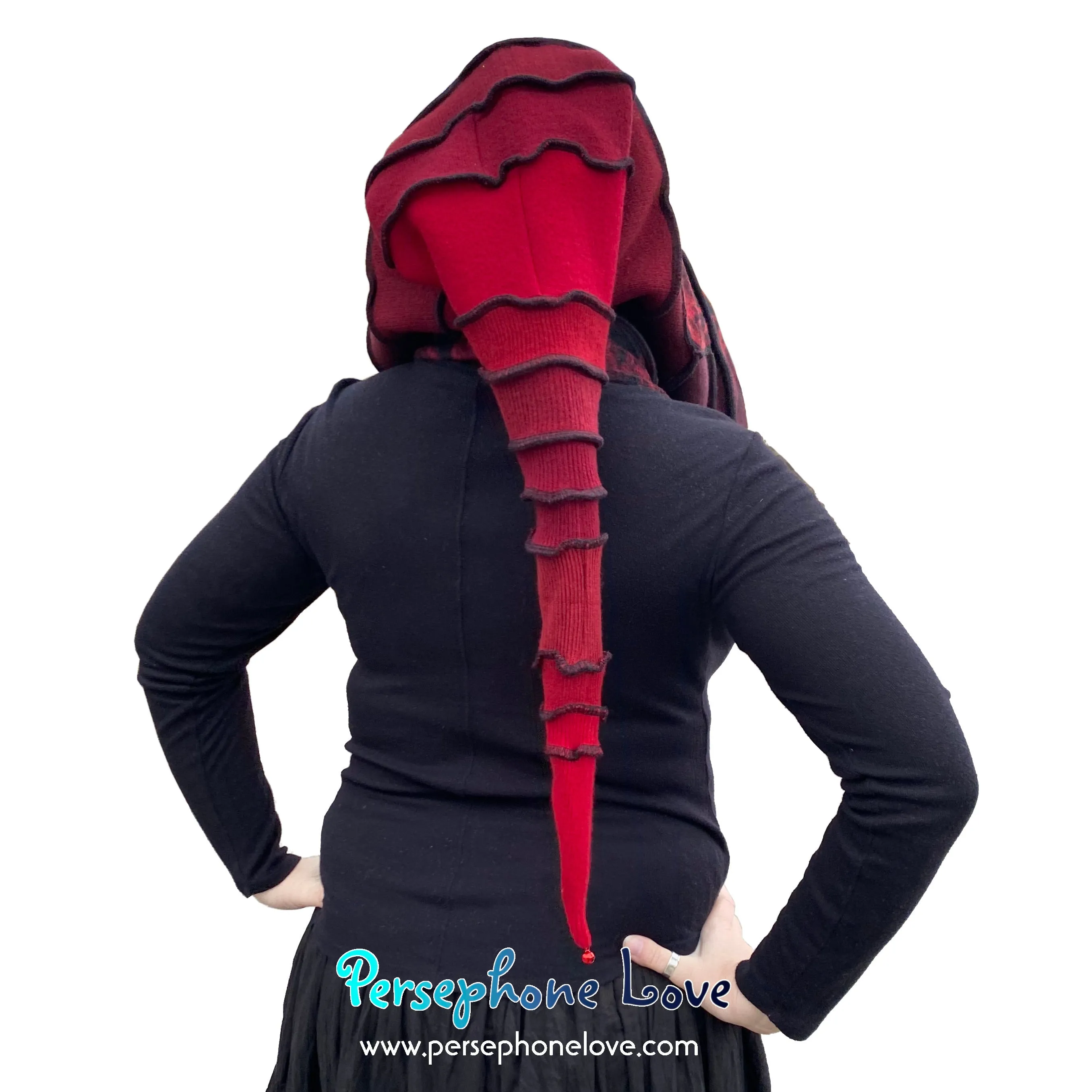 Katwise inspired red triple-felted 100% cashmere recycled sweater elf hat/hood-1664