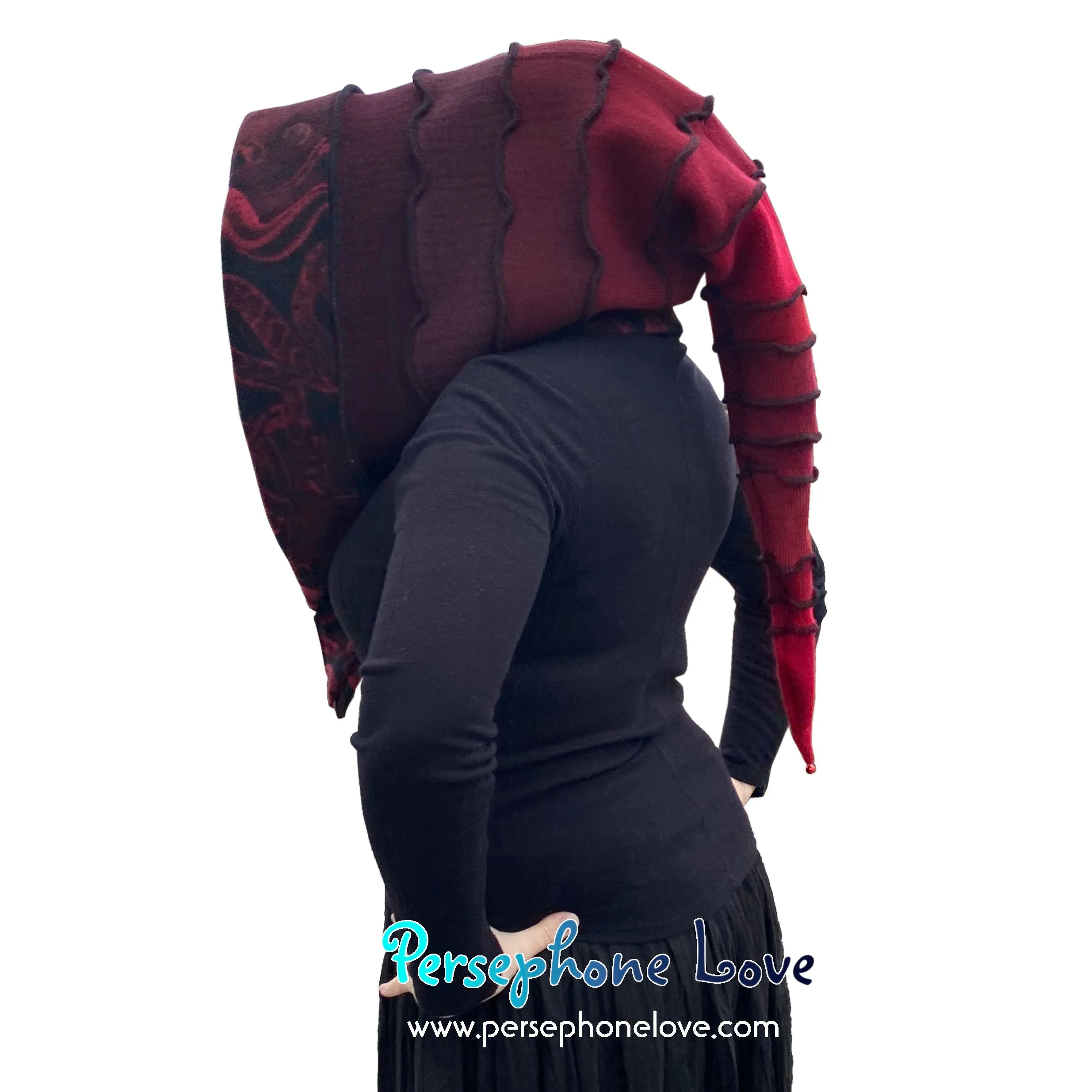 Katwise inspired red triple-felted 100% cashmere recycled sweater elf hat/hood-1664
