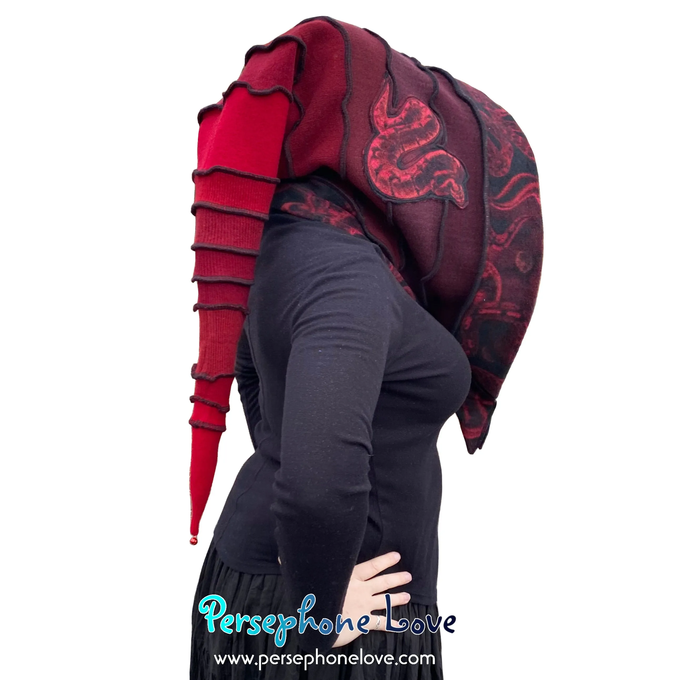 Katwise inspired red triple-felted 100% cashmere recycled sweater elf hat/hood-1664