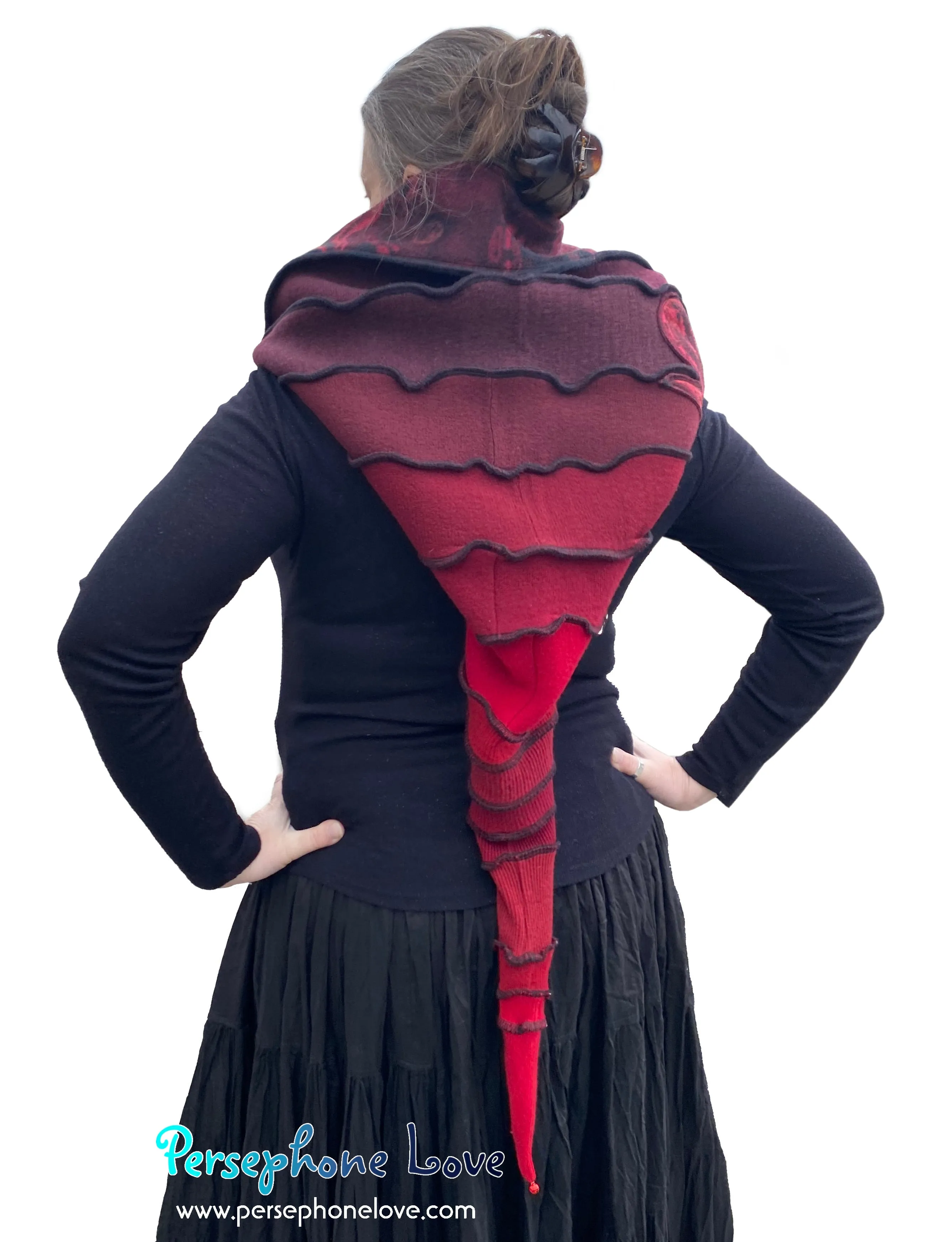 Katwise inspired red triple-felted 100% cashmere recycled sweater elf hat/hood-1664