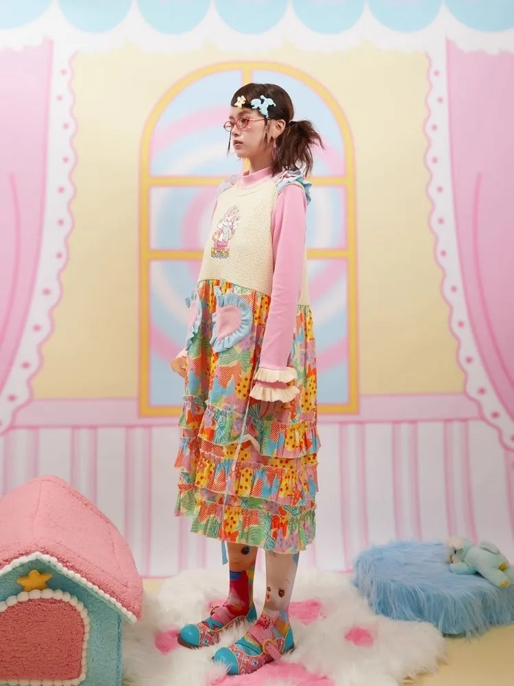 Knit Patchwork Embroidery Printed Vest Dress【s0000004920】