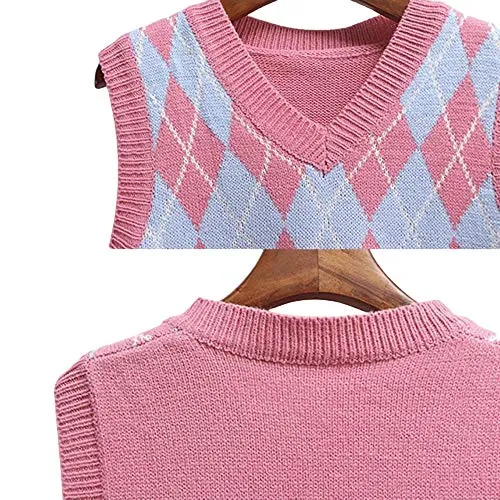 Lailezou Women's V Neck Knit Sweater Vest Argyle Plaid Preppy Style Sleeveless Crop Knitwear Tank Pink