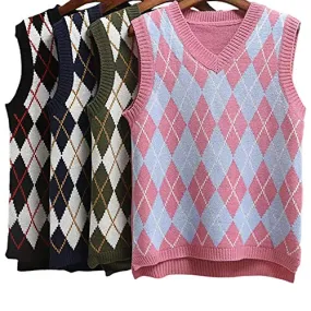 Lailezou Women's V Neck Knit Sweater Vest Argyle Plaid Preppy Style Sleeveless Crop Knitwear Tank Pink