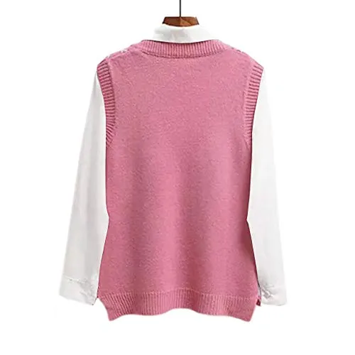 Lailezou Women's V Neck Knit Sweater Vest Argyle Plaid Preppy Style Sleeveless Crop Knitwear Tank Pink