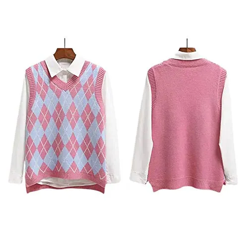 Lailezou Women's V Neck Knit Sweater Vest Argyle Plaid Preppy Style Sleeveless Crop Knitwear Tank Pink