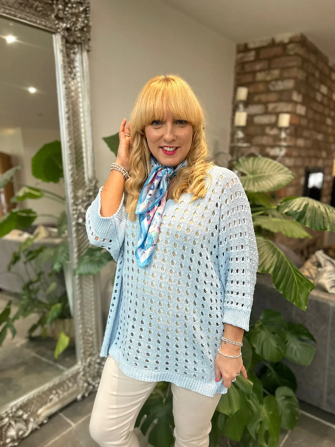 Light Blue Multi Hole Knit Top Janet