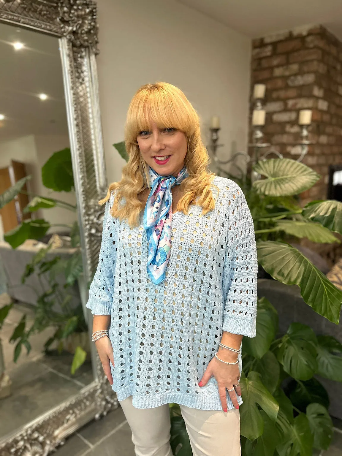 Light Blue Multi Hole Knit Top Janet