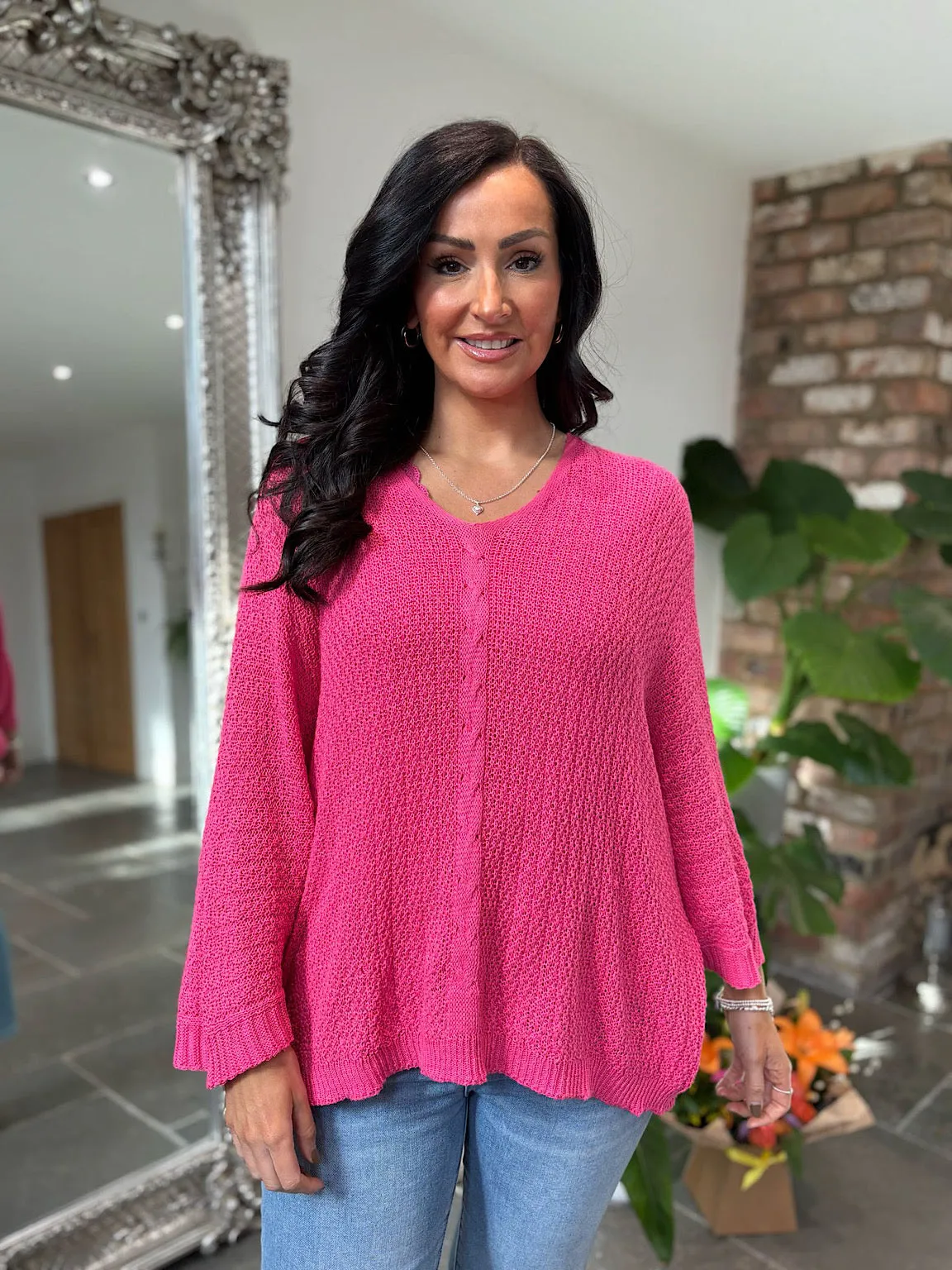 Lipstick V Neck Cable Detail Knit Yasmin