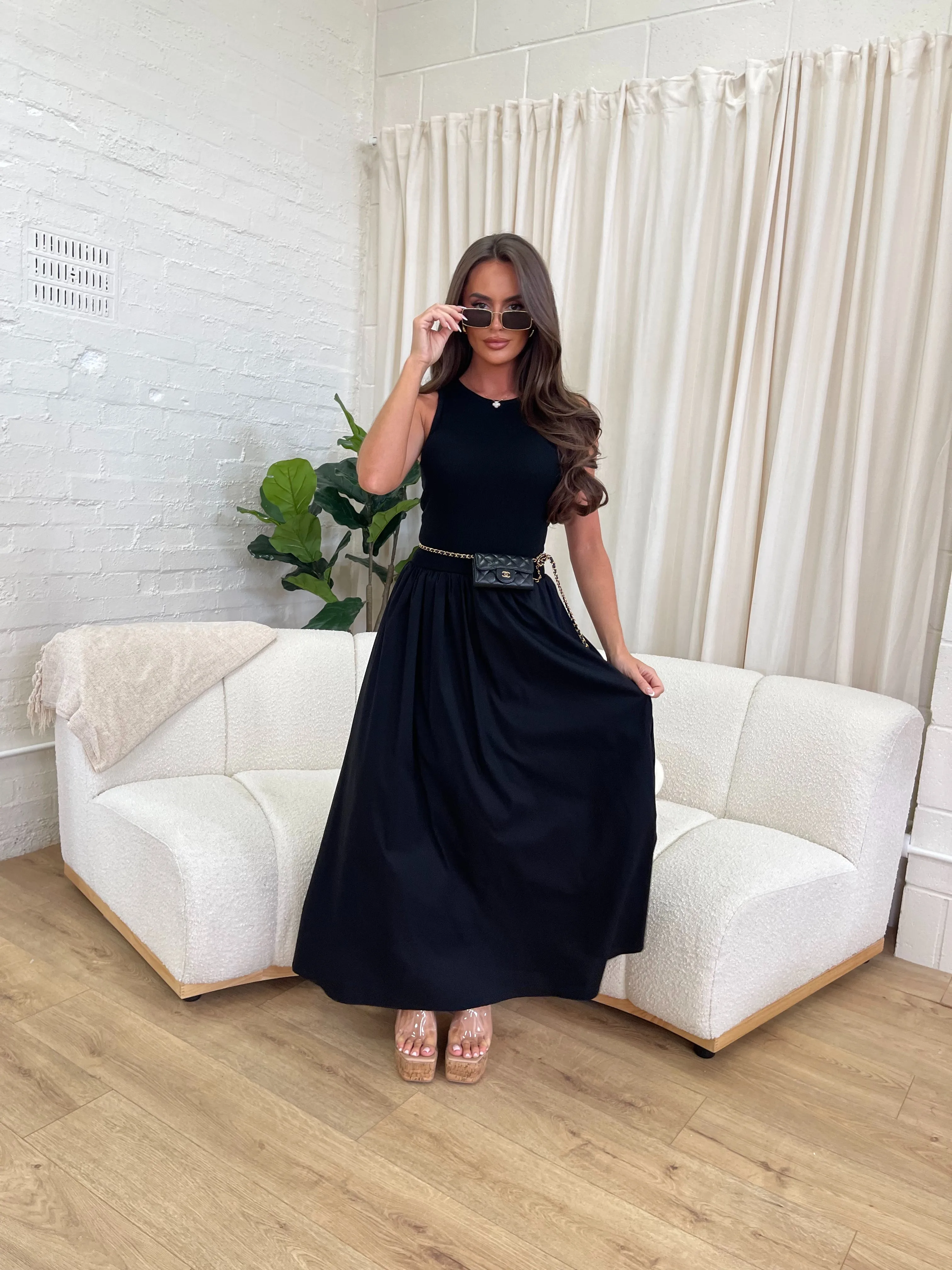 Mariel Black Flared Maxi Dress