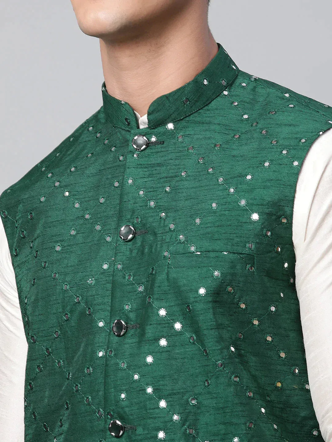 Men'S Green Mirror Work Embroidered Nehru Jacket