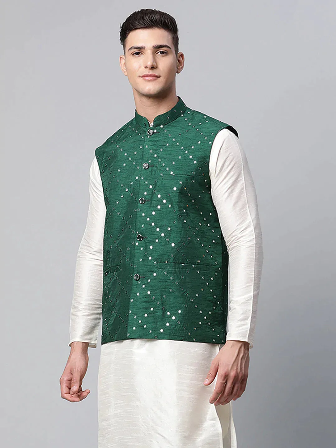 Men'S Green Mirror Work Embroidered Nehru Jacket