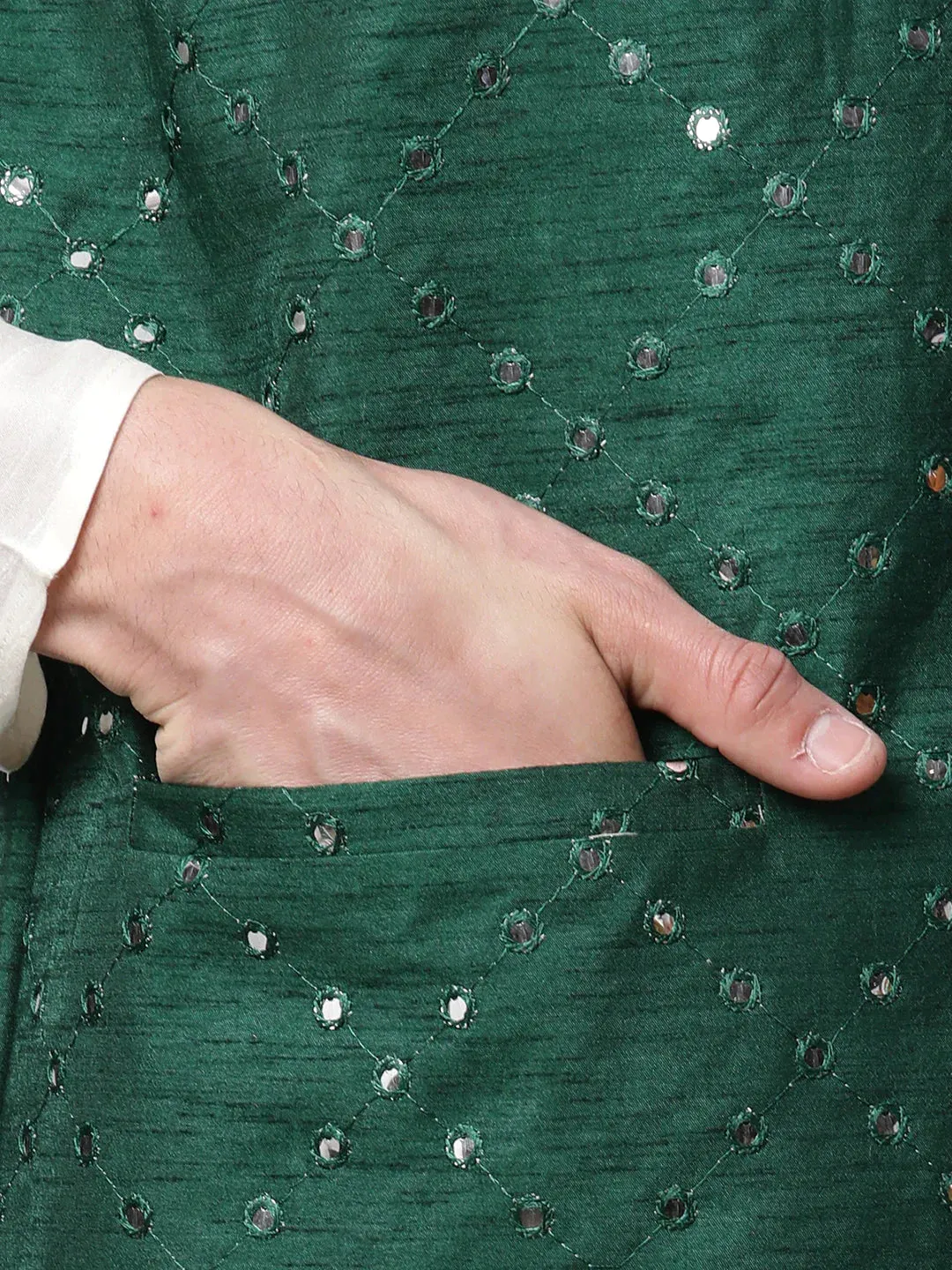 Men'S Green Mirror Work Embroidered Nehru Jacket