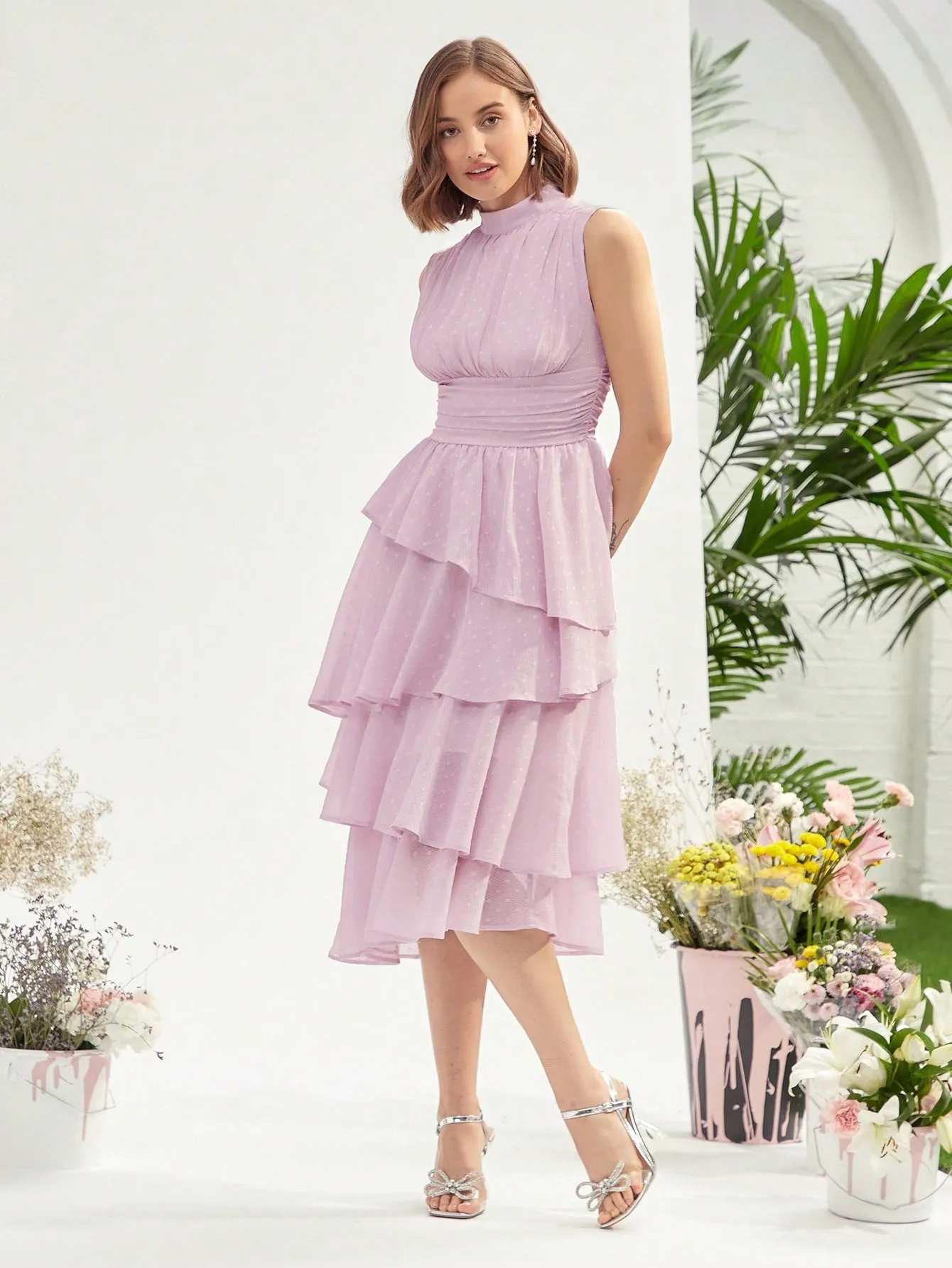 Mock Neck Ruched Bust Layered Hem Dress