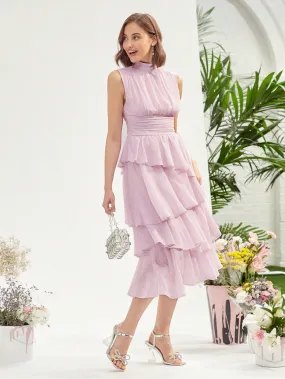 Mock Neck Ruched Bust Layered Hem Dress