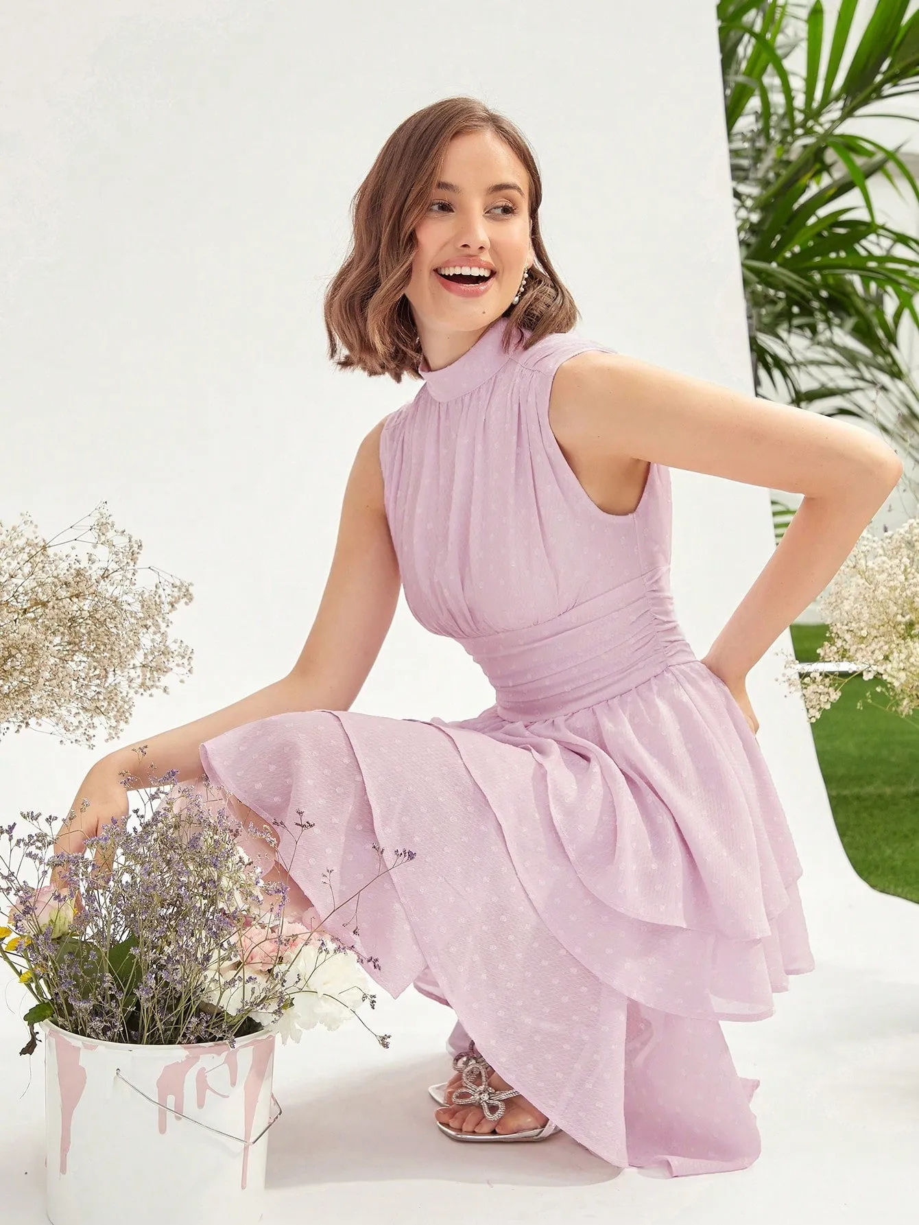Mock Neck Ruched Bust Layered Hem Dress