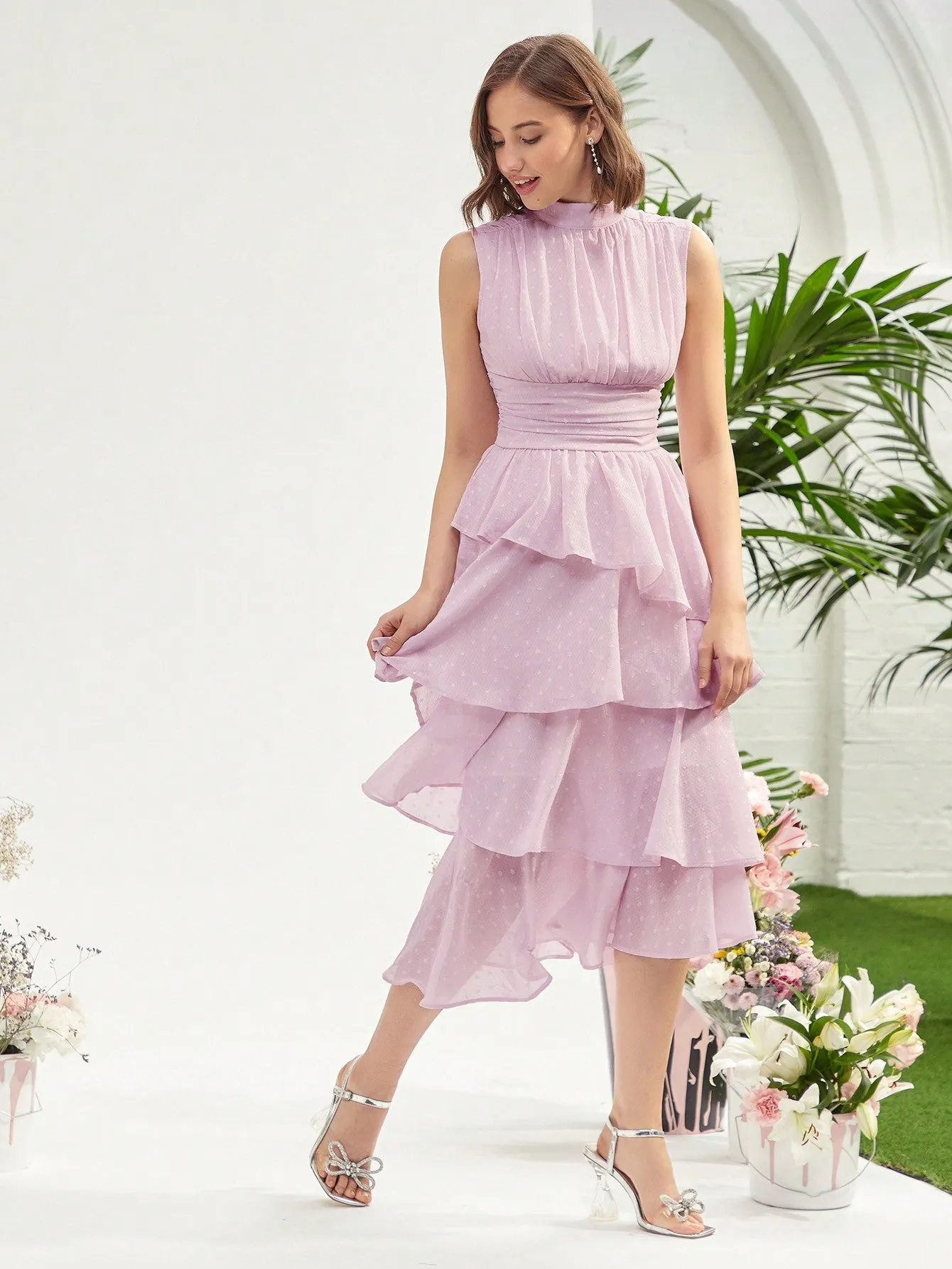 Mock Neck Ruched Bust Layered Hem Dress