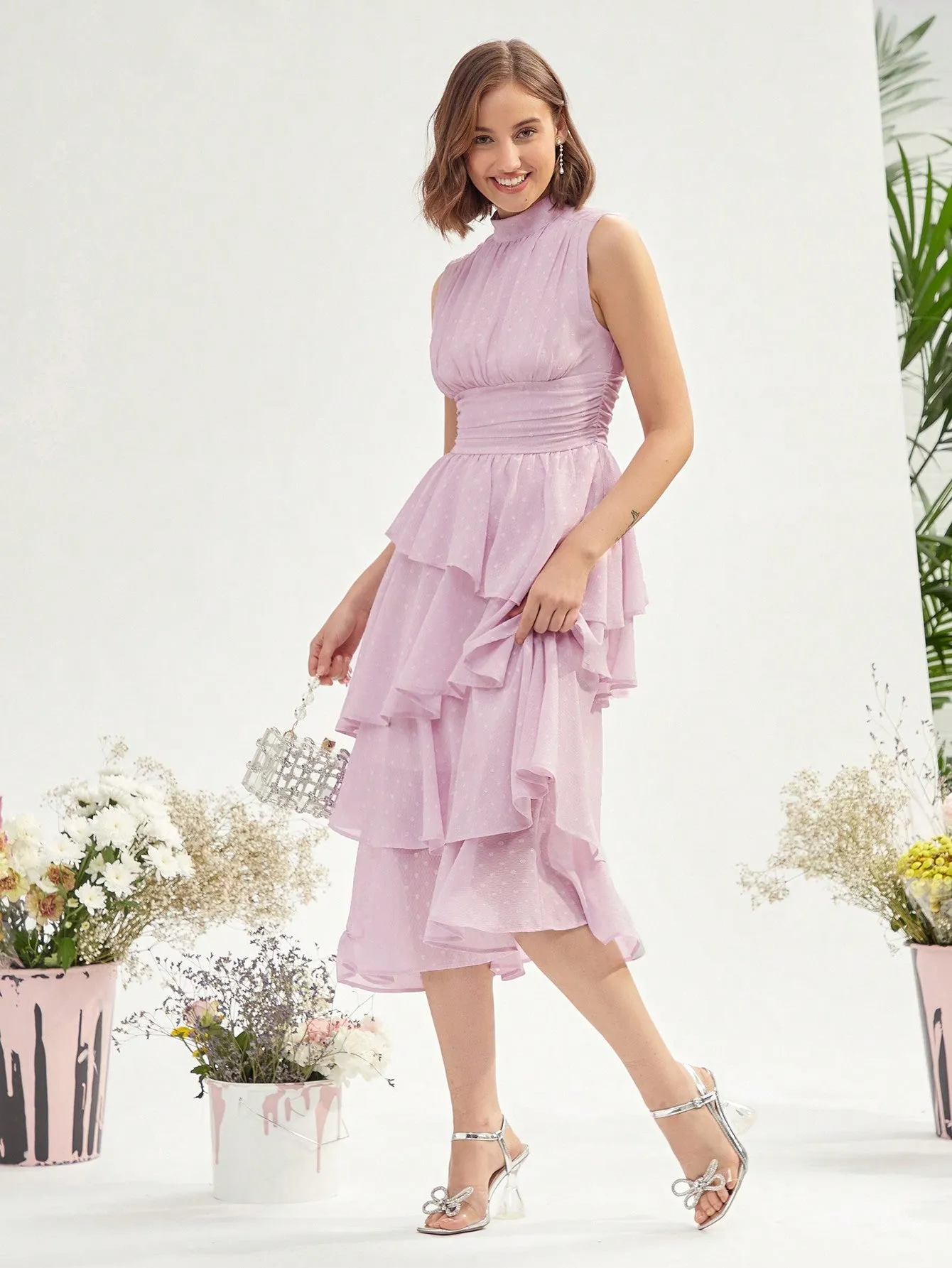Mock Neck Ruched Bust Layered Hem Dress