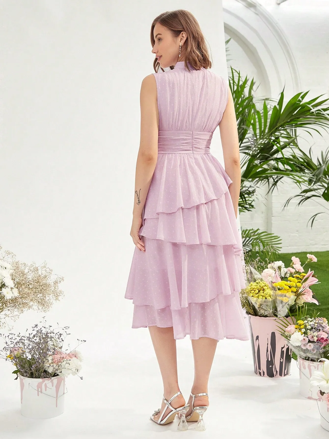 Mock Neck Ruched Bust Layered Hem Dress