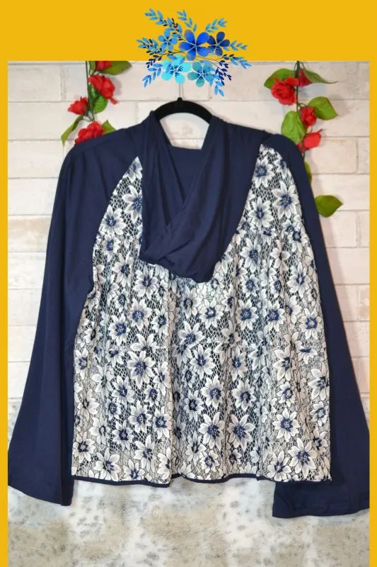 Monoreno Short Floral Lace Zip Up Hoodie Top Jacket - Navy
