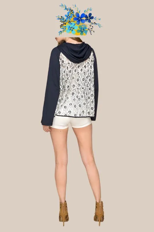 Monoreno Short Floral Lace Zip Up Hoodie Top Jacket - Navy