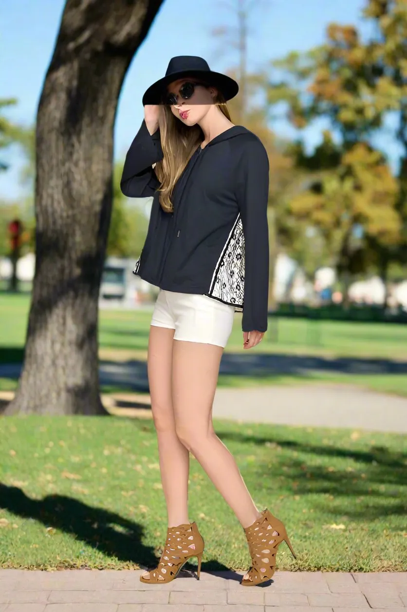 Monoreno Short Floral Lace Zip Up Hoodie Top Jacket - Navy