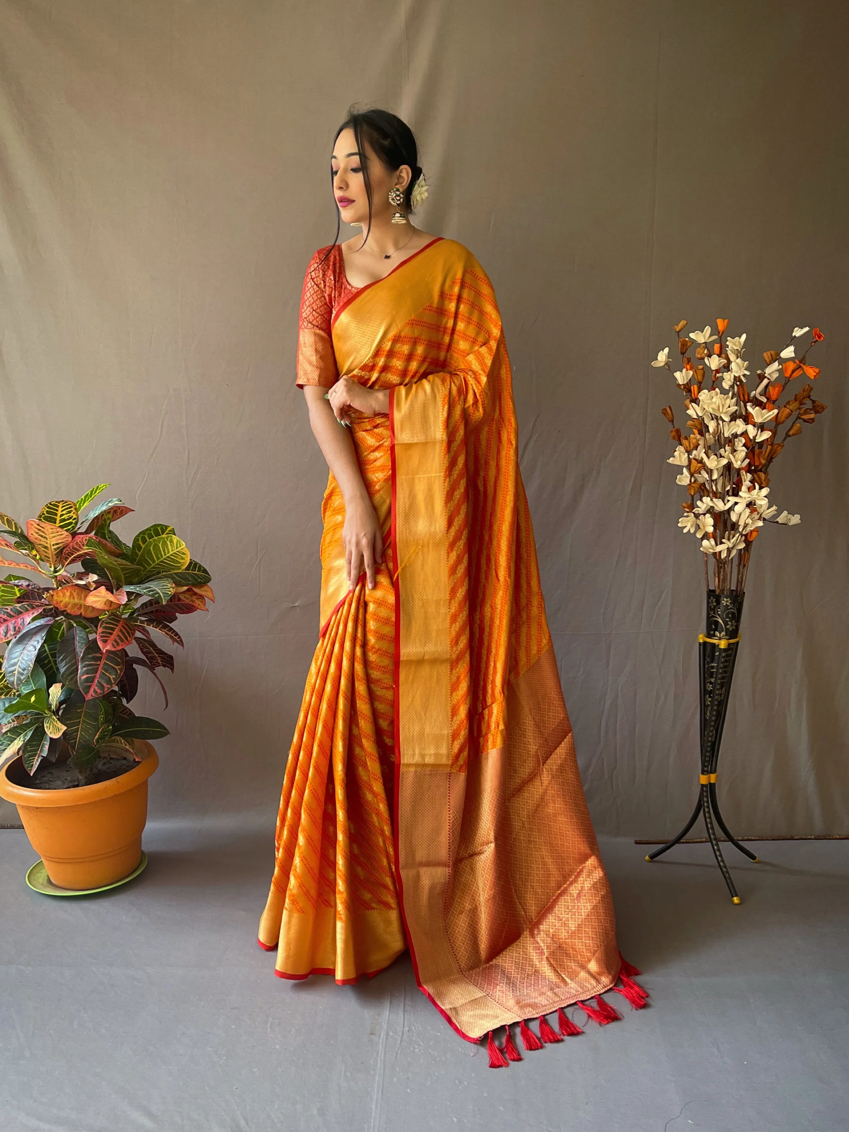 Mustard Orange Saree in Patola Leheriya