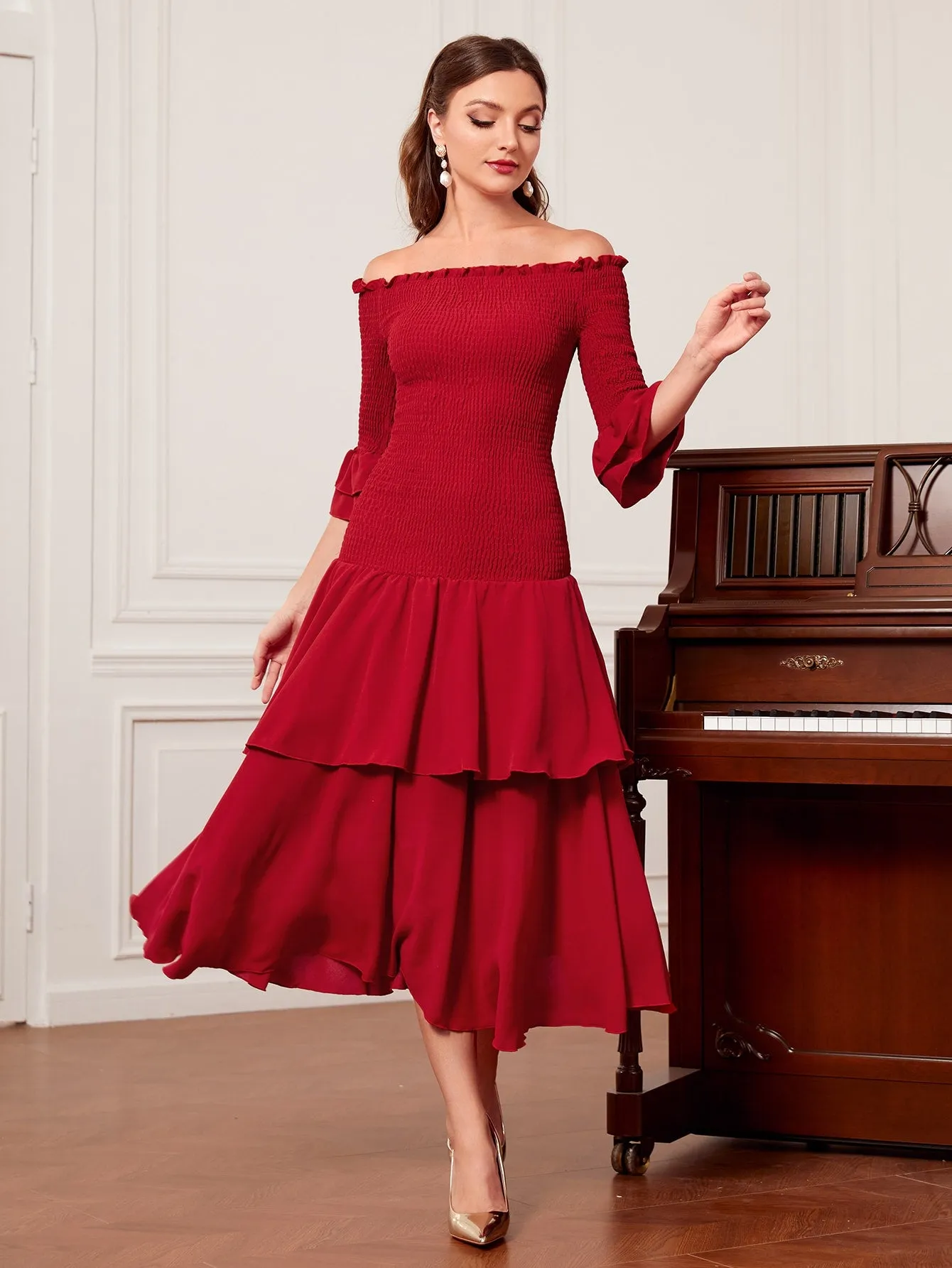 Off Shoulder Frill Trim Ruffle Hem Dress