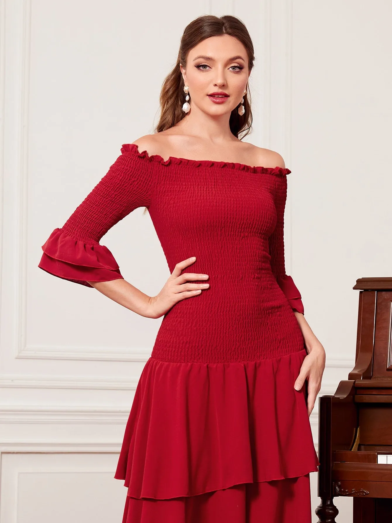 Off Shoulder Frill Trim Ruffle Hem Dress