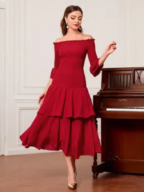 Off Shoulder Frill Trim Ruffle Hem Dress