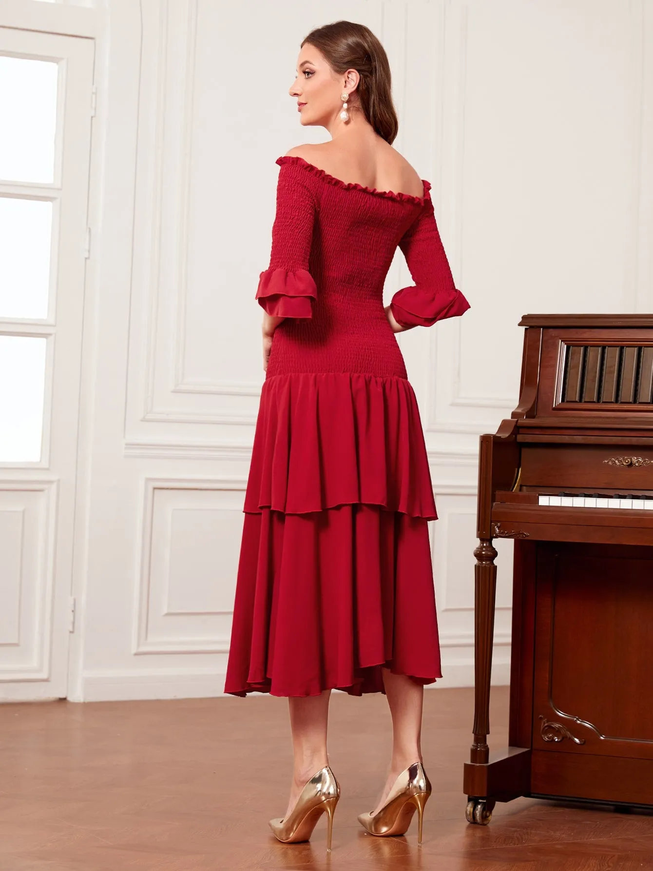 Off Shoulder Frill Trim Ruffle Hem Dress