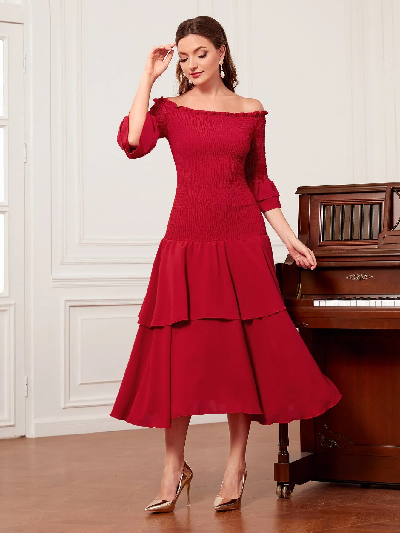 Off Shoulder Frill Trim Ruffle Hem Dress