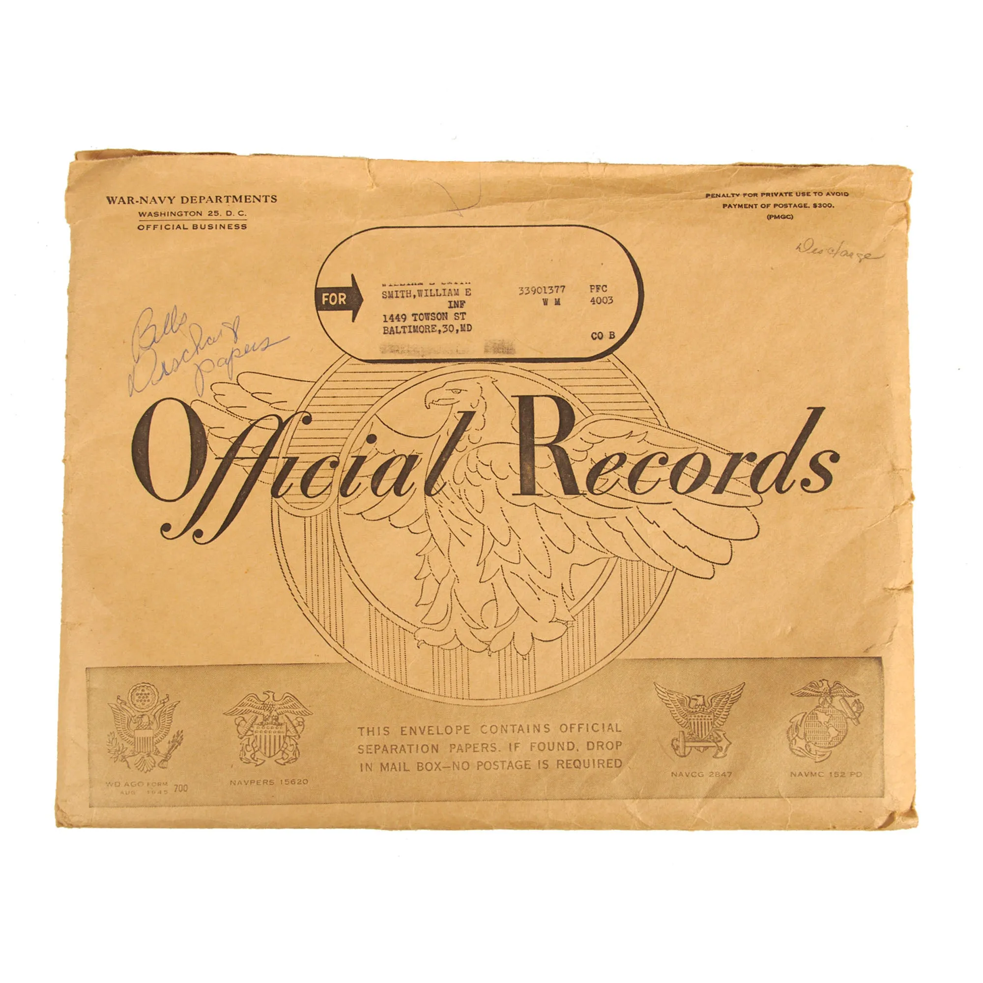 Original U.S. WWII 193rd Glider Infantry Regiment Named Uniforms with Garrison Cap, Jump Boots, Photos, Documents and More - PFC William E. Smith - 17th & 82nd Airborne Division