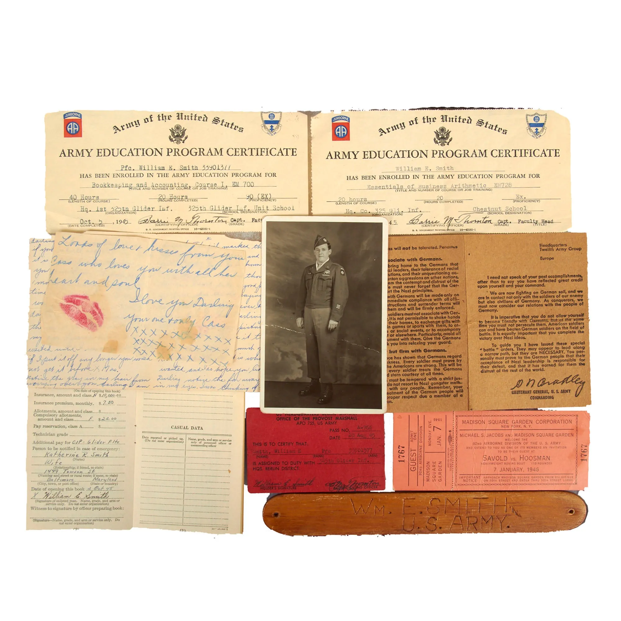 Original U.S. WWII 193rd Glider Infantry Regiment Named Uniforms with Garrison Cap, Jump Boots, Photos, Documents and More - PFC William E. Smith - 17th & 82nd Airborne Division