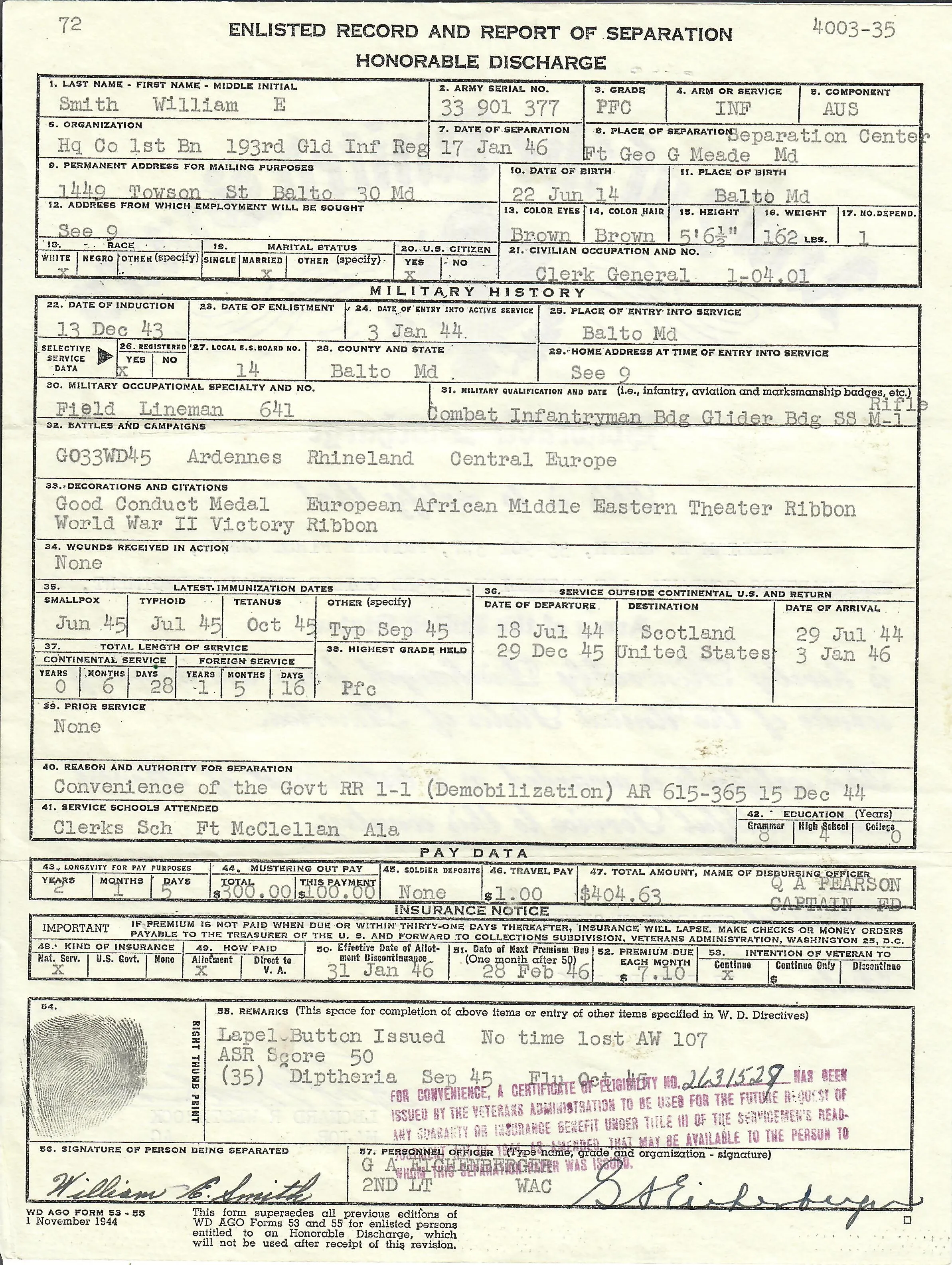 Original U.S. WWII 193rd Glider Infantry Regiment Named Uniforms with Garrison Cap, Jump Boots, Photos, Documents and More - PFC William E. Smith - 17th & 82nd Airborne Division