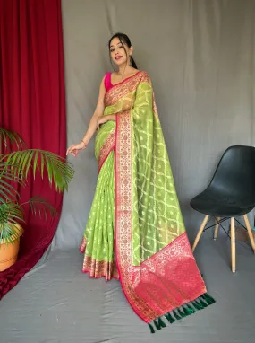 Parrot Green Saree in Banarasi Organza Silk Woven