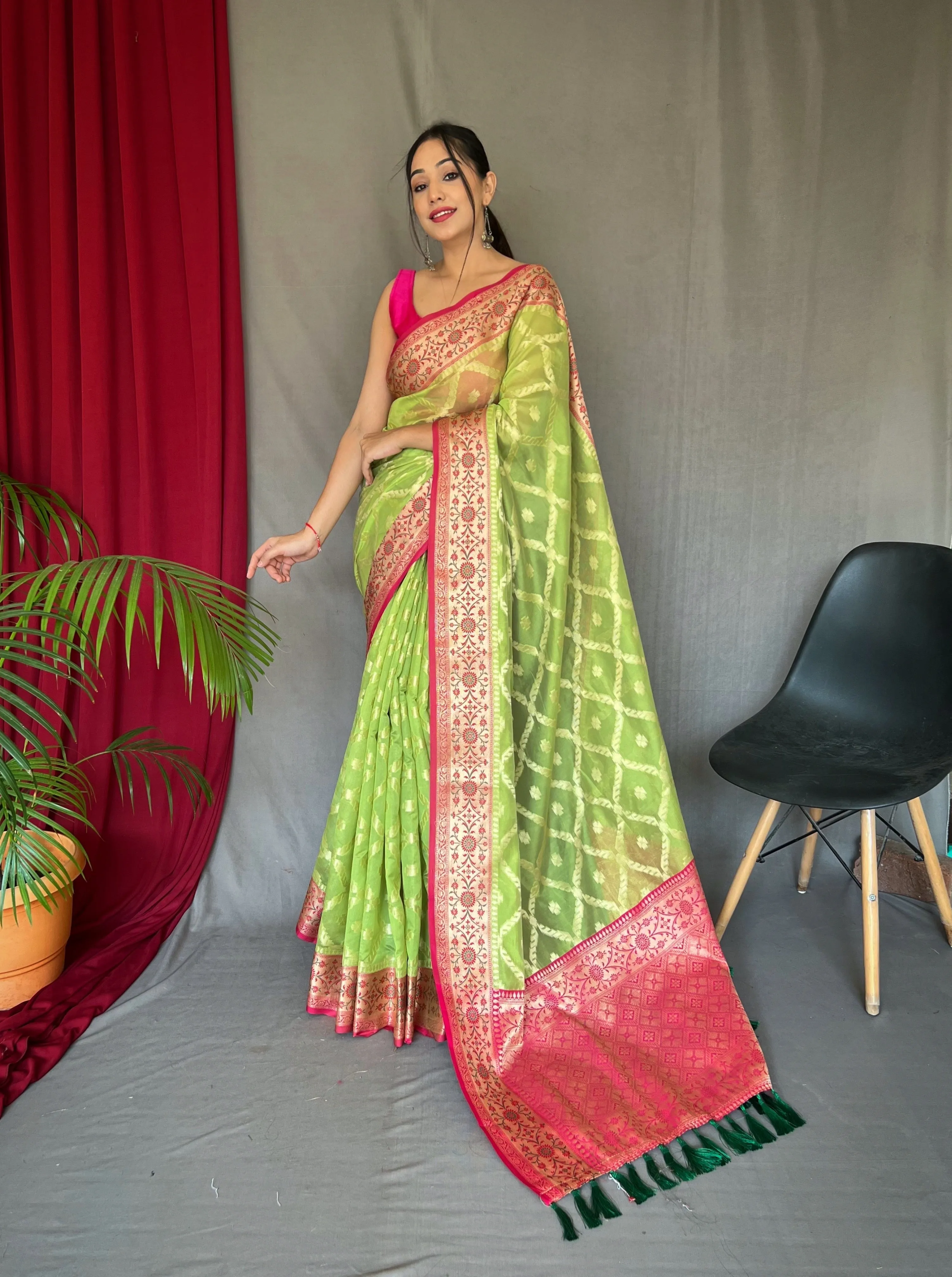 Parrot Green Saree in Banarasi Organza Silk Woven