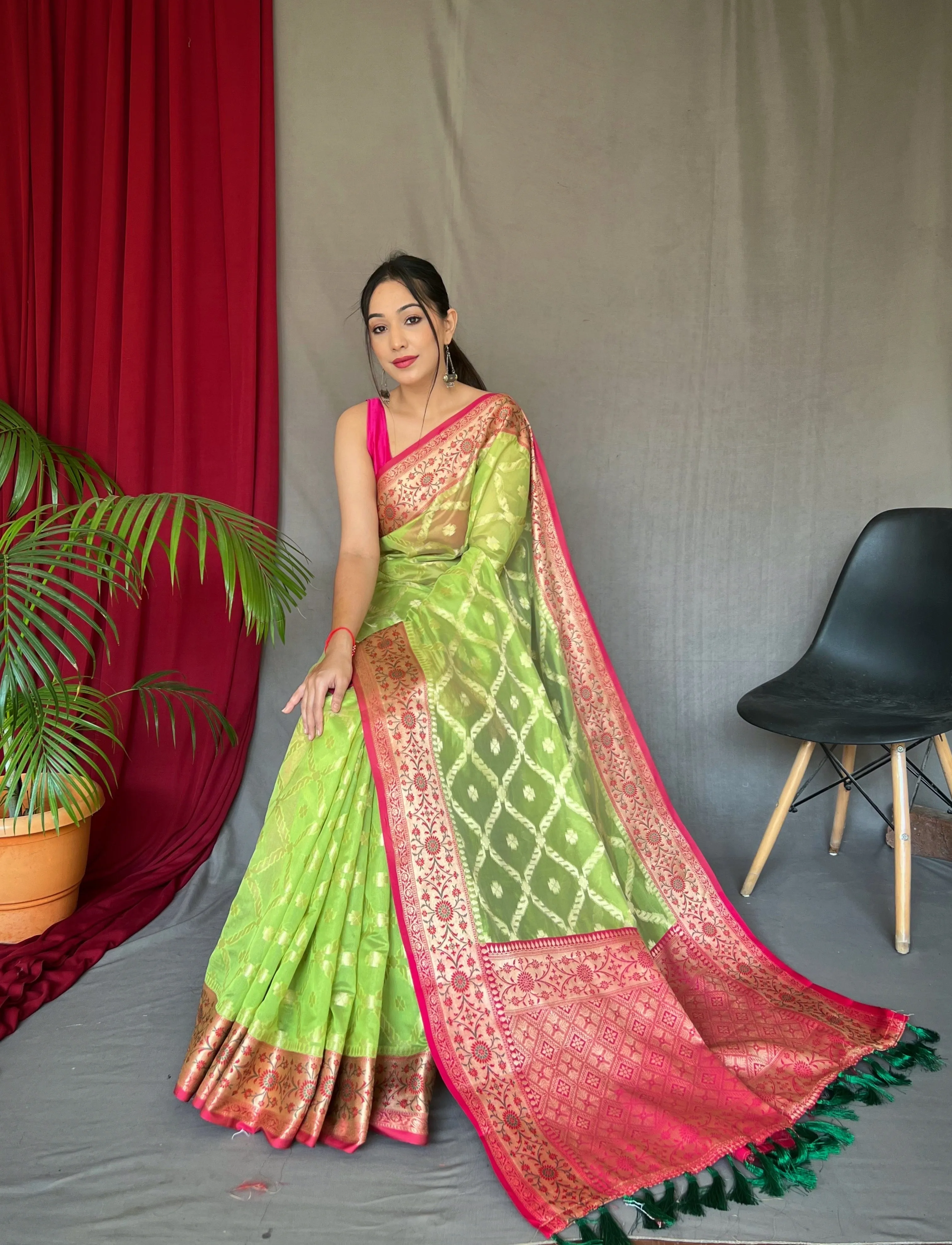 Parrot Green Saree in Banarasi Organza Silk Woven