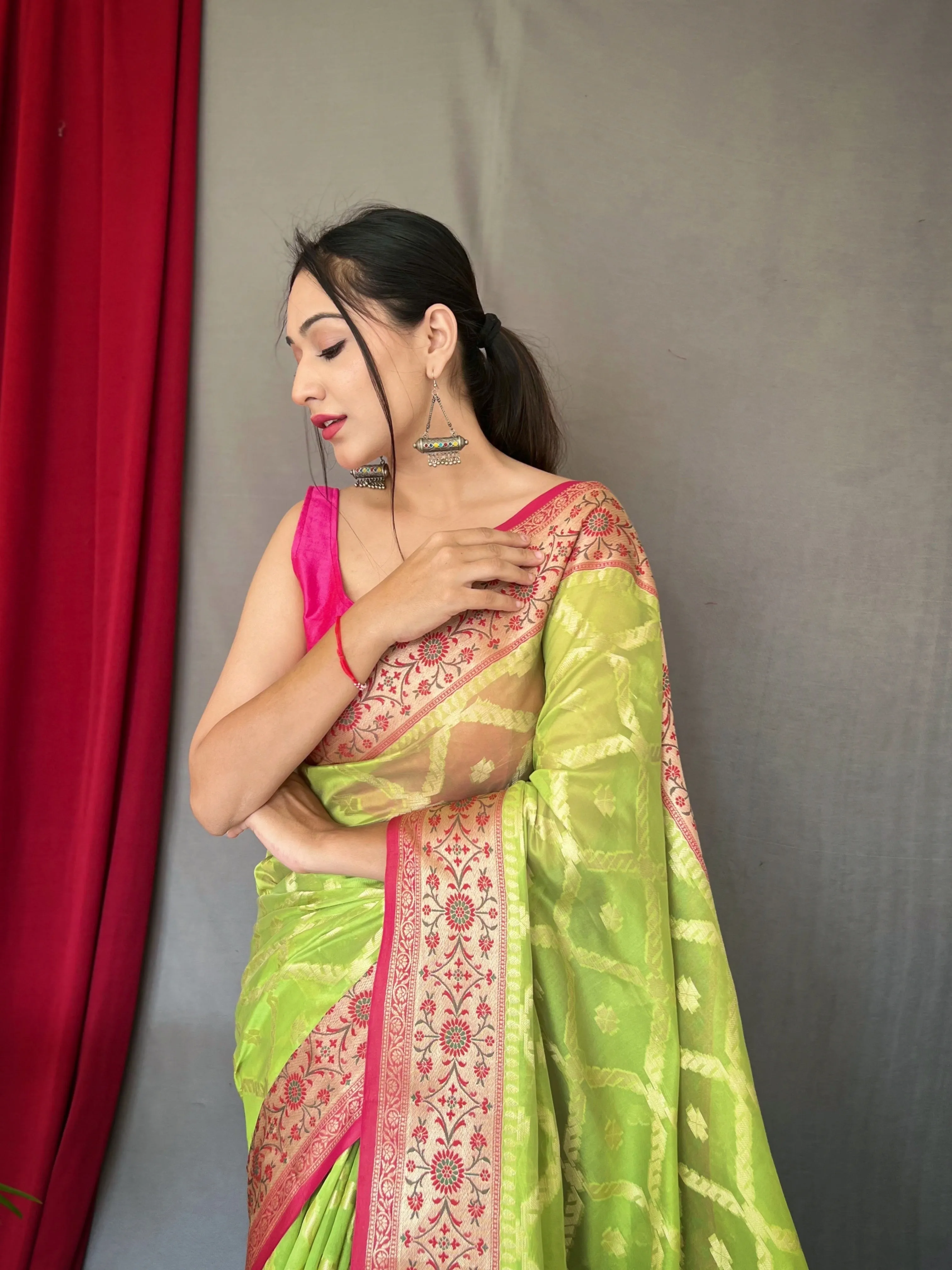 Parrot Green Saree in Banarasi Organza Silk Woven