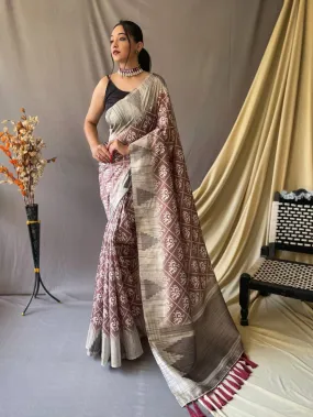 Pastel Brown Saree in Cotton Silk Patola Printed Temple Woven