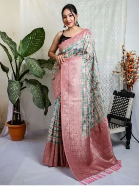 Pastel Pink Saree in Kaira Linen Slub Jaal Woven with Checkered Prints