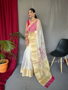 Pastel Yellow Saree in Organza Digital Floral Print