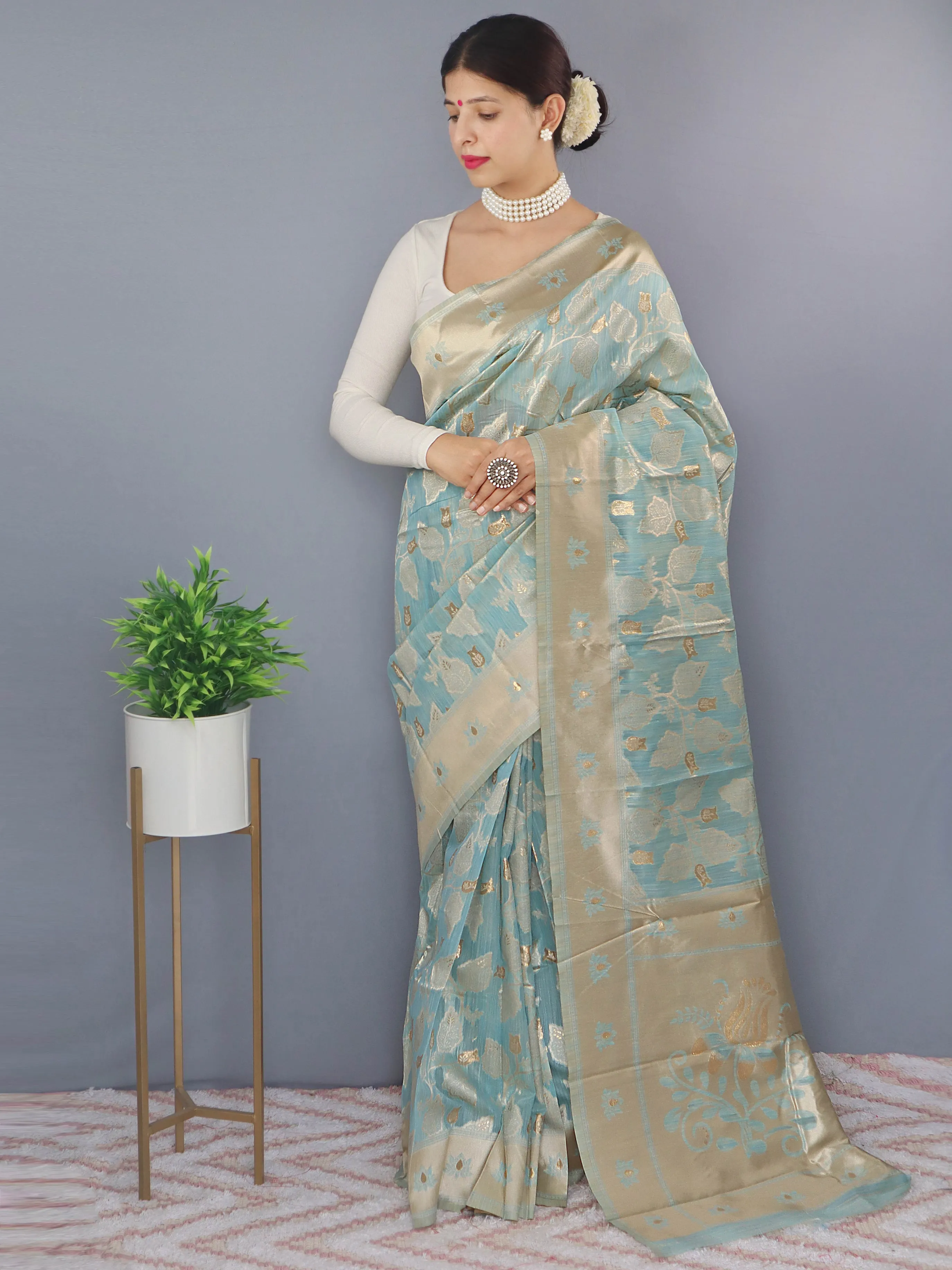 Powder Blue Saree in Cotton Linen for women