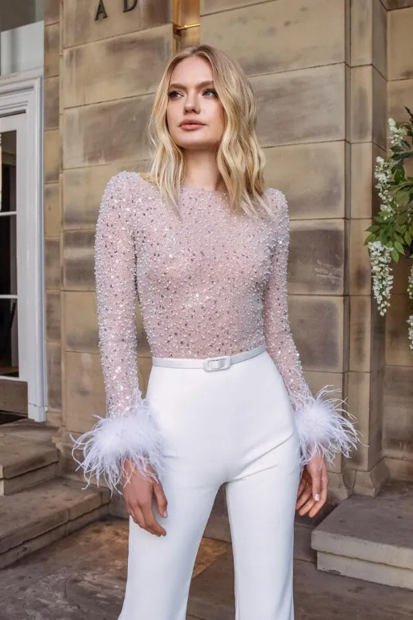 Ready for Vegas Feather Detail Trim Sequin Jumpsuit
