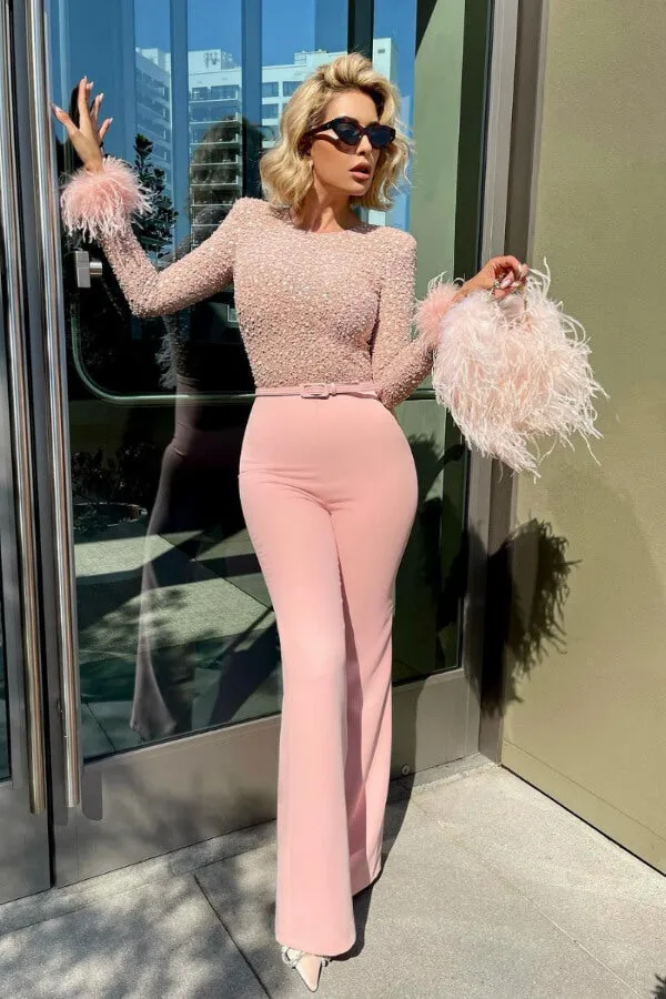 Ready for Vegas Feather Detail Trim Sequin Jumpsuit