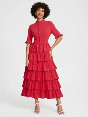 Rhinestone Trim Button Front Layered Hem Dress