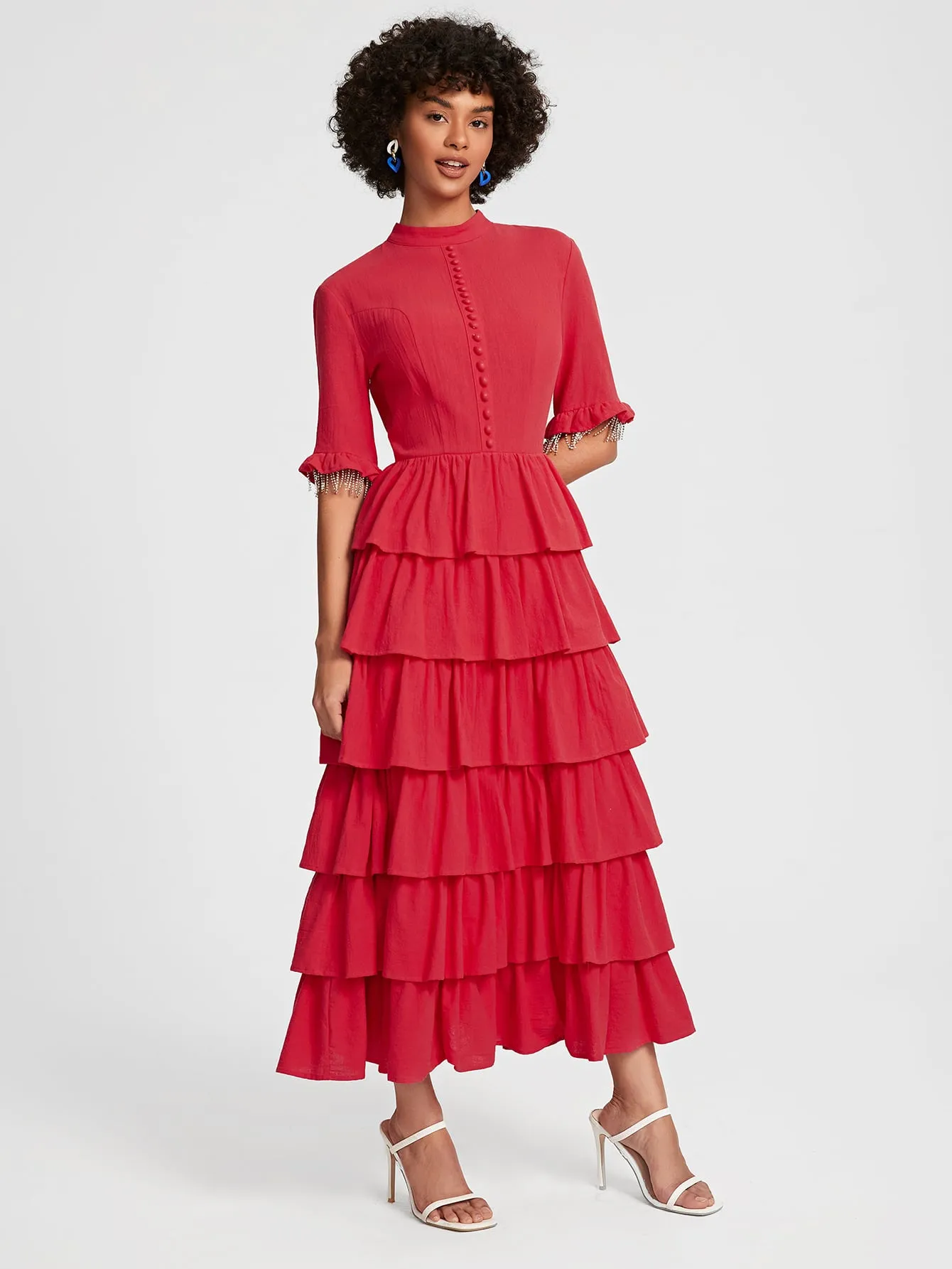 Rhinestone Trim Button Front Layered Hem Dress