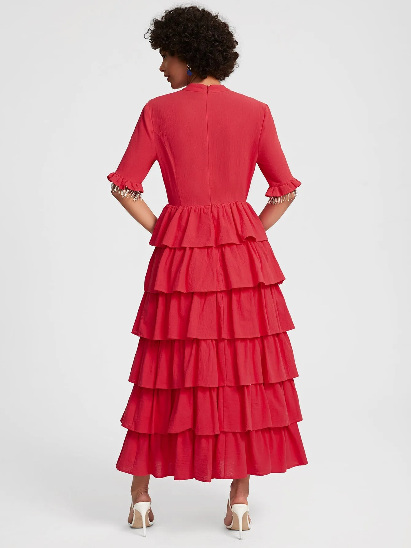 Rhinestone Trim Button Front Layered Hem Dress
