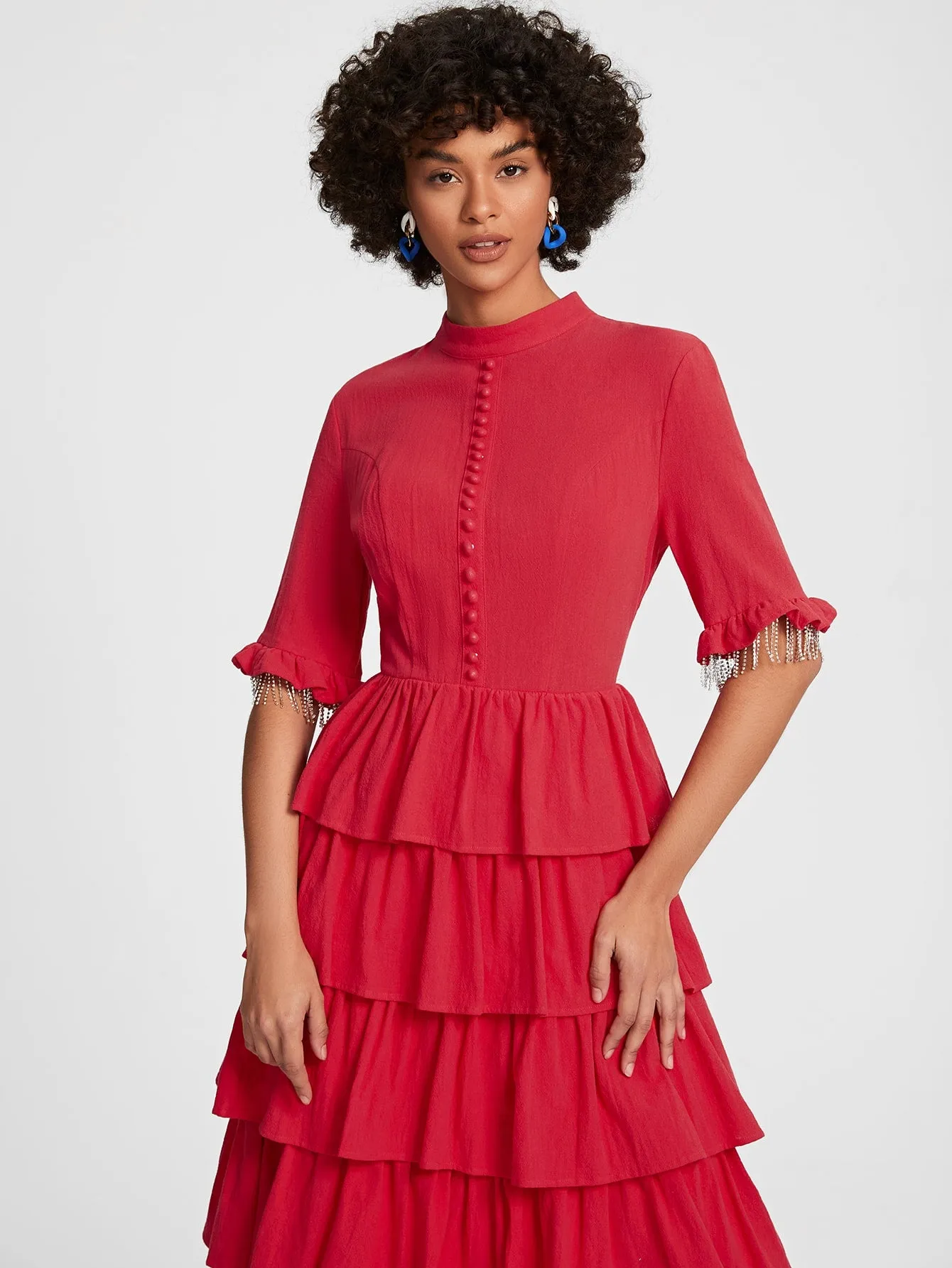 Rhinestone Trim Button Front Layered Hem Dress