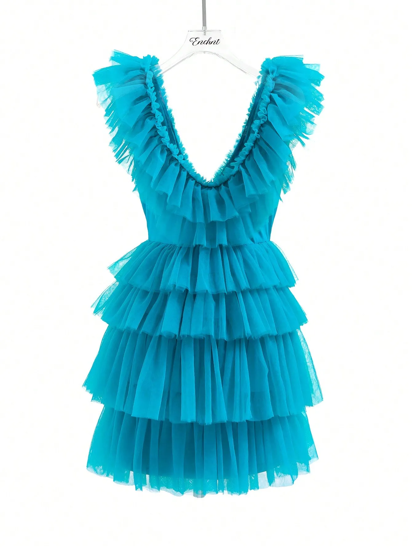 Ruffle Trim Mesh Overlay Dress